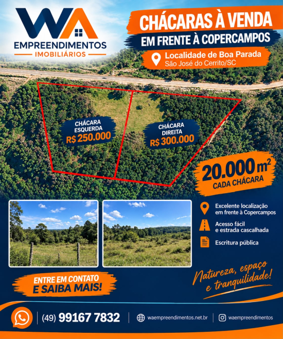 WA EMPREENDIMENTOS VENDE: 2 ch&aacute;caras