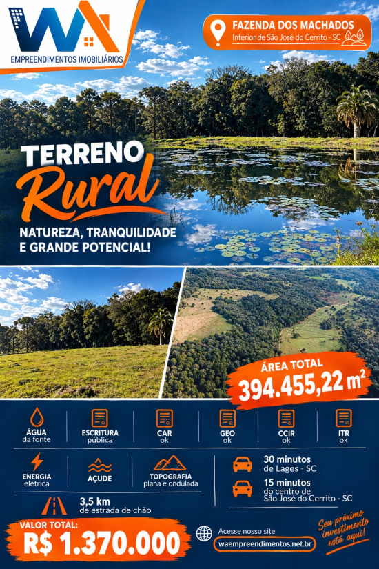 WA EMPREENDIMENTOS VENDE: Terreno rural